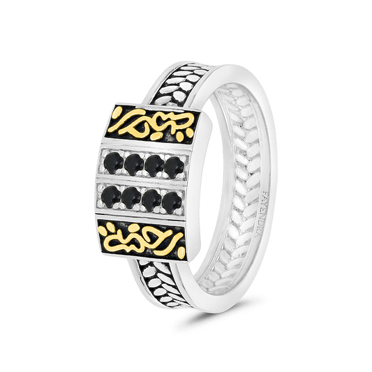 Sterling Silver 925 Ring Rhodium And Gold  Plated Embedded With Onyx Spinal