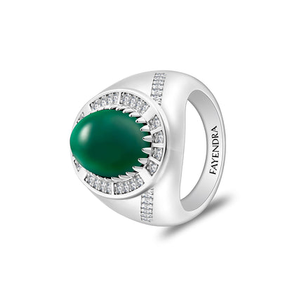 Sterling Silver 925 Ring Rhodium Plated Embedded With Cabochon Green Agate And White Zircon For Men