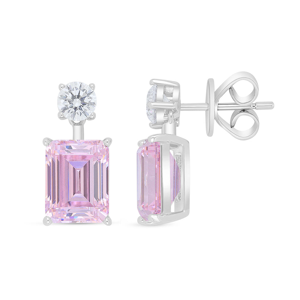 Sterling Silver 925 Earring Rhodium Plated Embedded With Pink Zircon And White Zircon