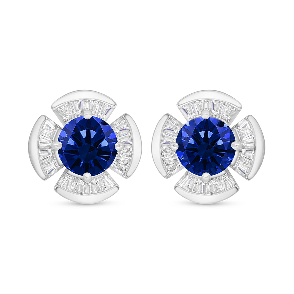 Sterling Silver 925 Earring Rhodium Plated Embedded With Sapphire Corundum And White Zircon
