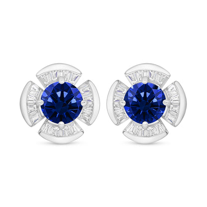 Sterling Silver 925 Earring Rhodium Plated Embedded With Sapphire Corundum And White Zircon