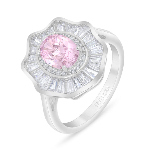 Sterling Silver 925 Ring Rhodium Plated Embedded With Pink Zircon And White Zircon