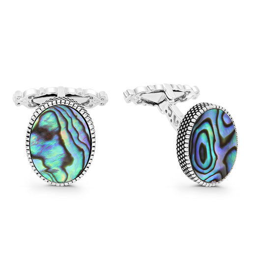Sterling Silver 925 Cufflink Rhodium And Black Plated Embedded With Blue Shell