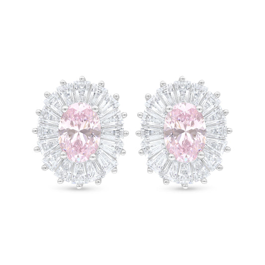 Sterling Silver 925 Earring Rhodium Plated Embedded With Pink Zircon And White Zircon