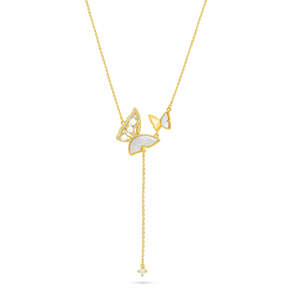 Sterling Silver 925 Necklace Golden Plated Embedded With Natural White Pearl And White Shell