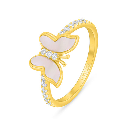 خاتم من الفضة الخالصة عيار 925 مطلي ذهبي مرصع صدف ابيض و فص ابيض