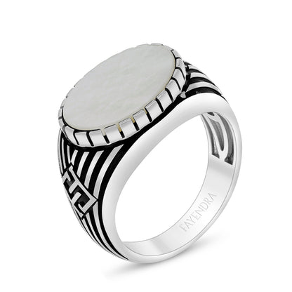 Sterling Silver 925 Ring Rhodium And Black Plated Embedded With White Shell For Men