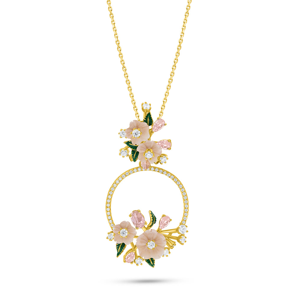 Sterling Silver 925 Necklace Golden Plated Embedded With Pink Shell And Pink Zircon