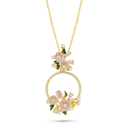 Sterling Silver 925 Necklace Golden Plated Embedded With Pink Shell And Pink Zircon