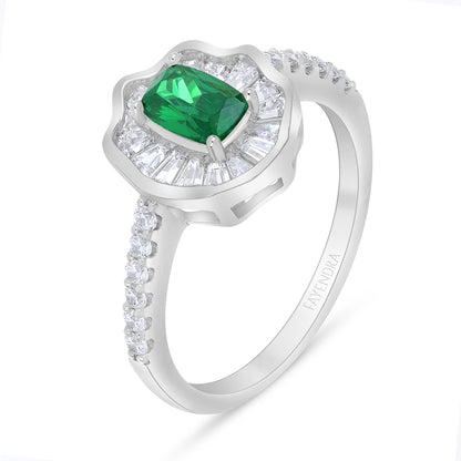 Sterling Silver 925 Ring Rhodium Plated Embedded With Emerald Zircon And White Zircon