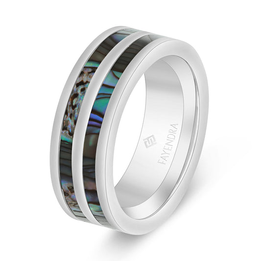 دبلة رجالي مصنوعة من التونغستان كاربيد بلون الستيل و احجار صدف استرالي