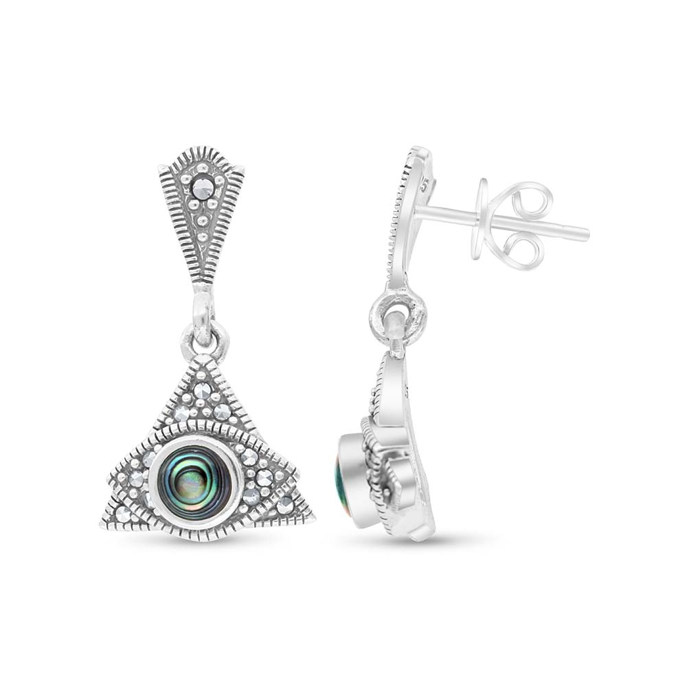 Sterling Silver 925 Earring Embedded With Natural Blue Shell And Marcasite Stones