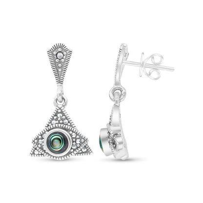 Sterling Silver 925 Earring Embedded With Natural Blue Shell And Marcasite Stones