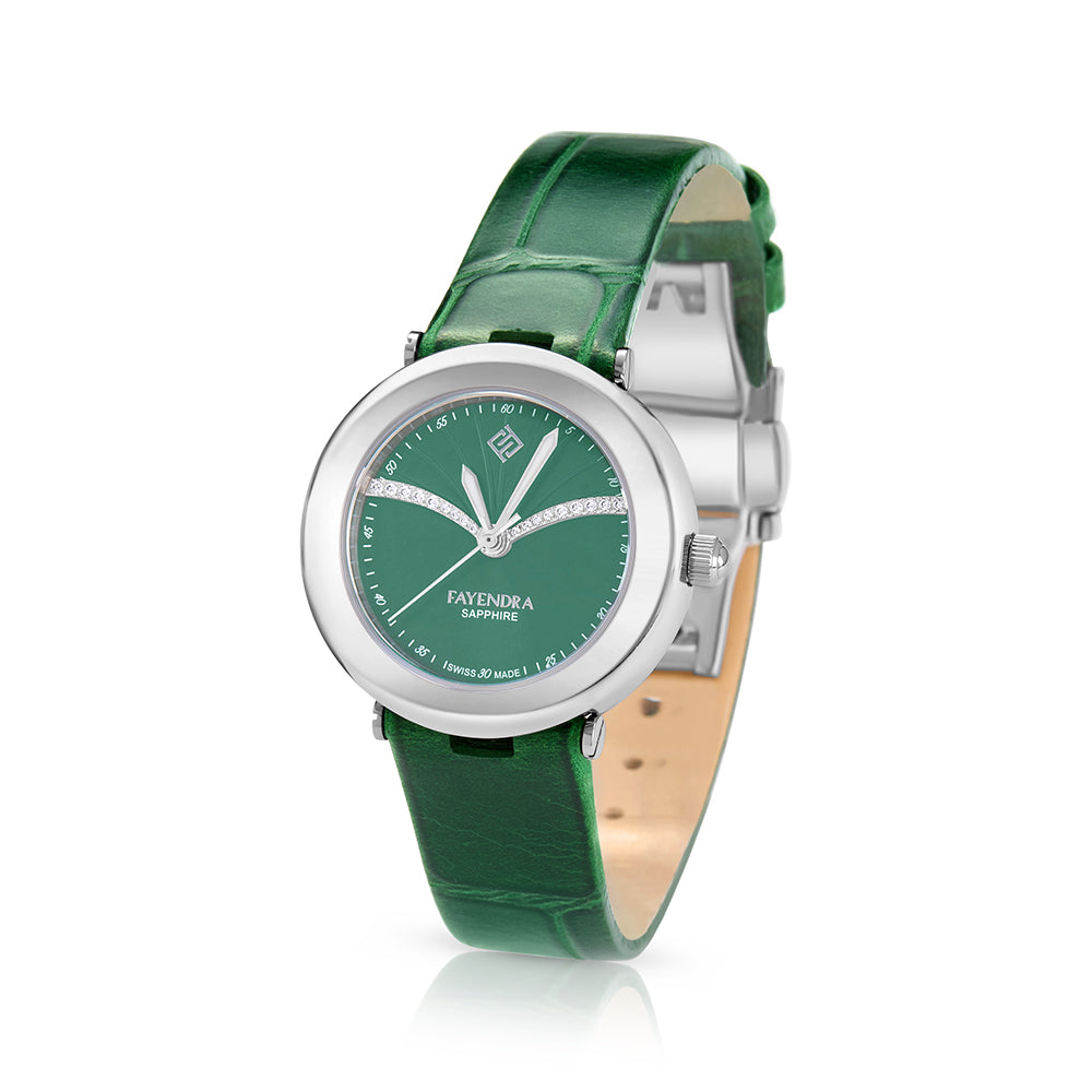 Stainless Steel 316L Watch Silver Color Green Leather And White Zircon - GREEN METAL DIAL
