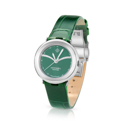 Stainless Steel 316L Watch Silver Color Green Leather And White Zircon - GREEN METAL DIAL