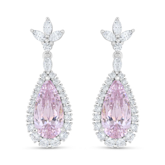 Sterling Silver 925 Earring Rhodium Plated Embedded With Pink Zircon And White Zircon