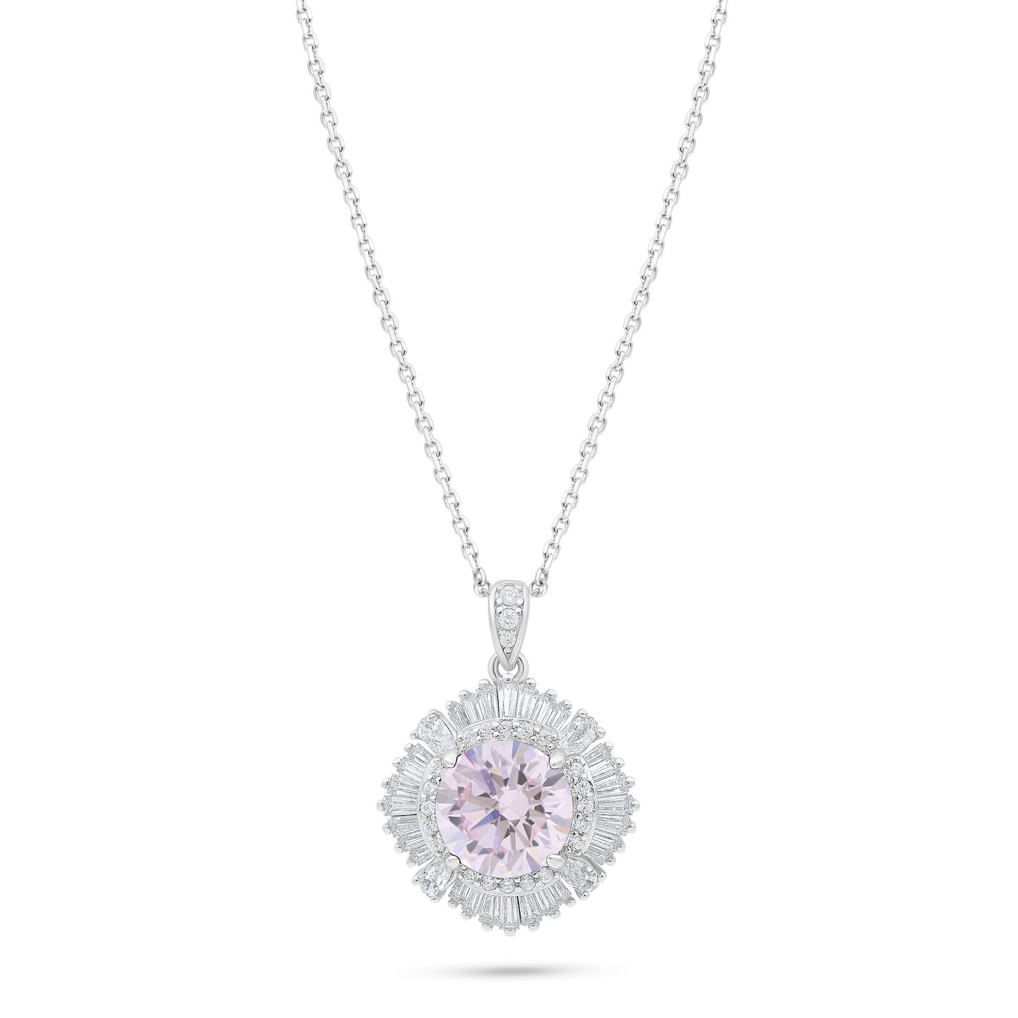 Sterling Silver 925 Necklace Rhodium Plated Embedded With Pink Zircon And White Zircon