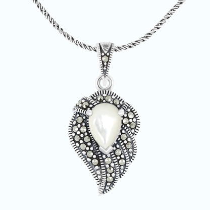 Sterling Silver 925 Pendant Embedded With Natural White Shell And Marcasite Stones