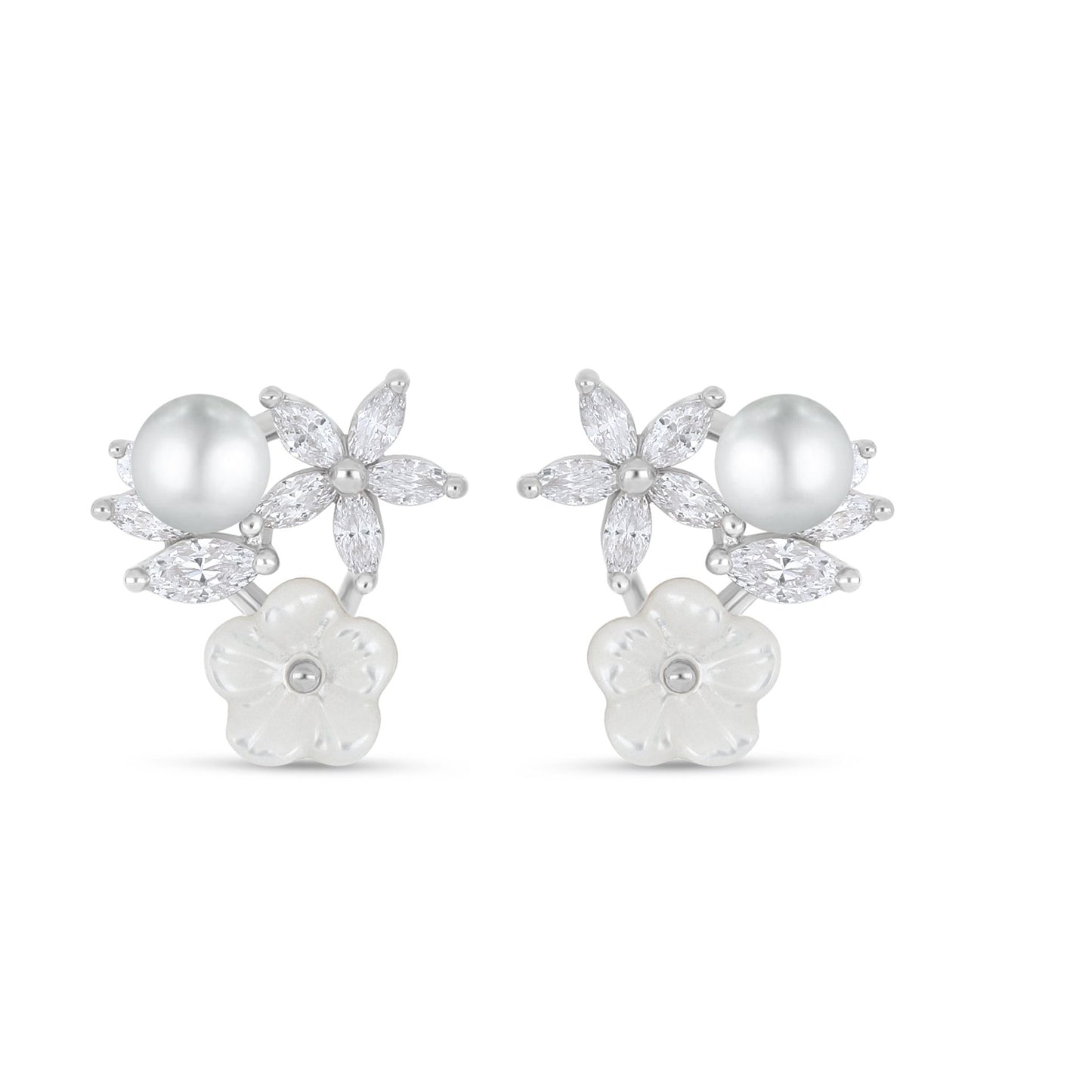 Sterling Silver 925 Earring Rhodium Plated Embedded With Natural White Pearl And White Shell