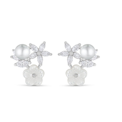 Sterling Silver 925 Earring Rhodium Plated Embedded With Natural White Pearl And White Shell