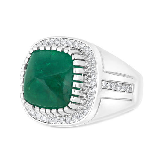 خاتم رجالي عيار 925 مطلي روديوم مرصع بحجر الزمرد الطبيعي و الالماس الطبيعي سي في دي جودة في في اس