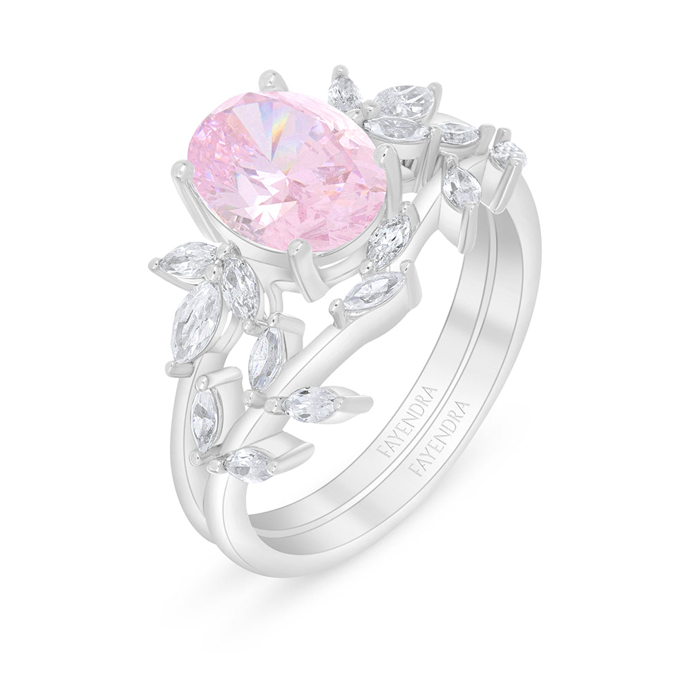 Sterling Silver 925 Ring (Twins) Rhodium Plated  Embedded With Pink Zircon And White Zircon