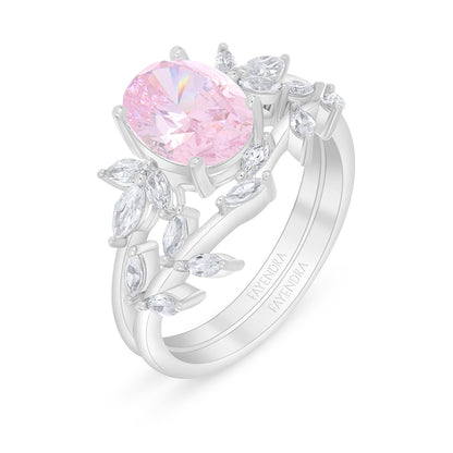 Sterling Silver 925 Ring (Twins) Rhodium Plated  Embedded With Pink Zircon And White Zircon