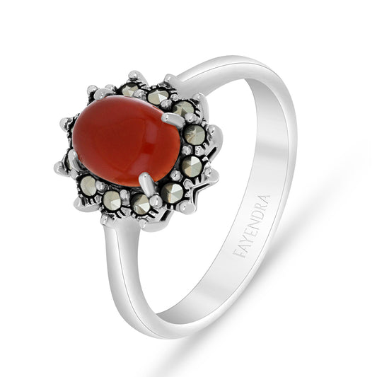 Sterling Silver 925 Ring Embedded With Natural Aqiq And Marcasite Stones
