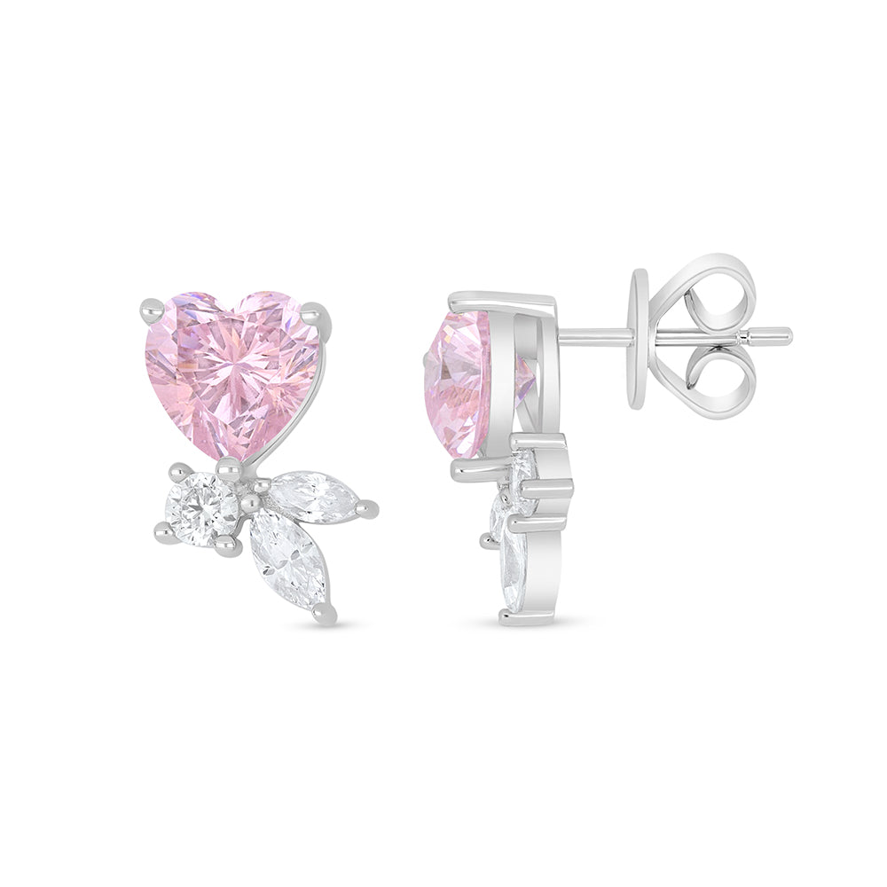 Sterling Silver 925 Earring Rhodium Plated Embedded With pink Zircon And White Zircon