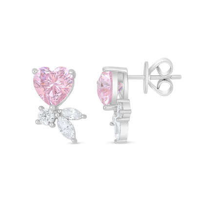 Sterling Silver 925 Earring Rhodium Plated Embedded With pink Zircon And White Zircon