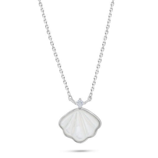 Sterling Silver 925 Necklace Rhodium Plated Embedded With White Shell And White Zircon