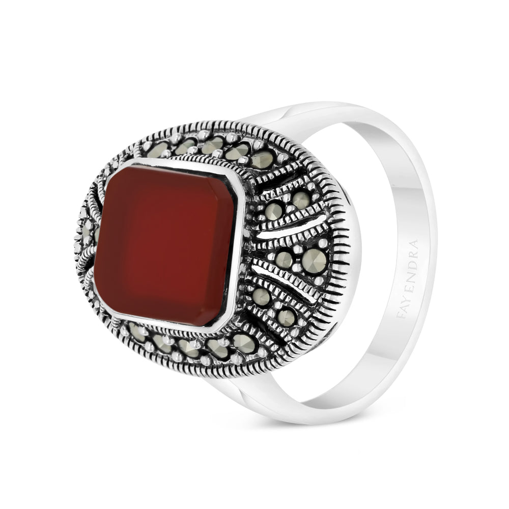 Sterling Silver 925 Ring Embedded With Natural Aqiq And Marcasite