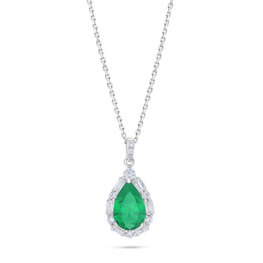 Sterling Silver 925 Necklace Rhodium Plated Embedded With Emerald Zircon And White Zircon