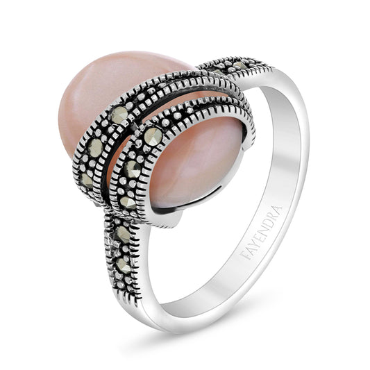 Sterling Silver 925 Ring Embedded With Natural Pink Shell And Marcasite Stones