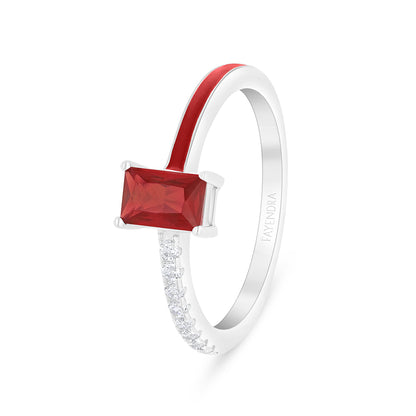 Sterling Silver 925 Ring Rhodium Plated Embedded With Ruby Corundum And Red Enamel And White Zircon