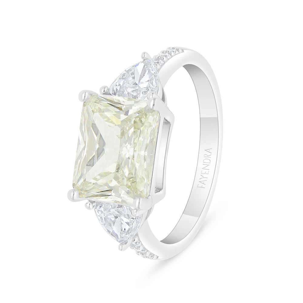 Sterling Silver 925 Ring Rhodium Plated  Embedded With Yellow Diamond And White Zircon