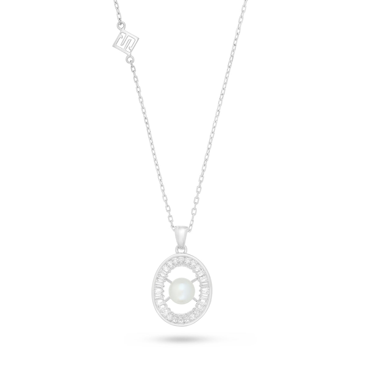 Sterling Silver 925 Necklace Rhodium Plated Embedded With Natural White Pearl And White Zircon