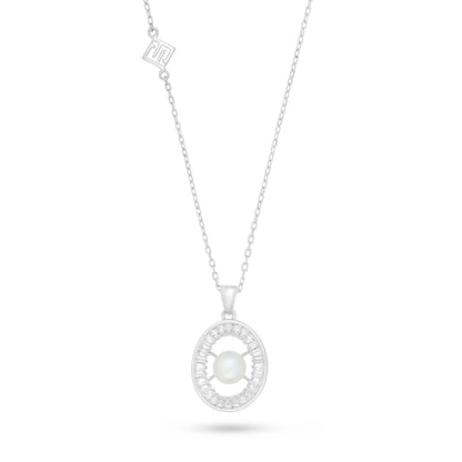 Sterling Silver 925 Necklace Rhodium Plated Embedded With Natural White Pearl And White Zircon