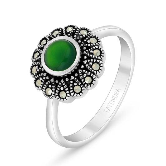 Sterling Silver 925 Ring Embedded With Natural Green Agate And Marcasite Stones