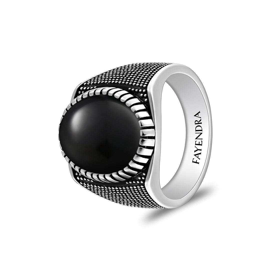 Sterling Silver 925 Ring Rhodium And Black Plated Embedded With Cabochon Natural Black Agate For Men