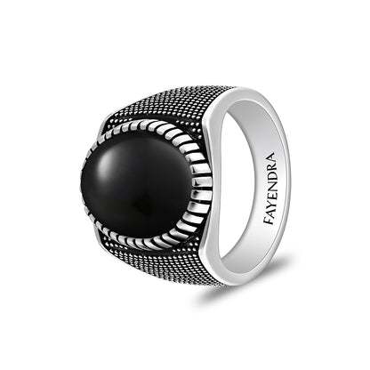 Sterling Silver 925 Ring Rhodium And Black Plated Embedded With Cabochon Natural Black Agate For Men