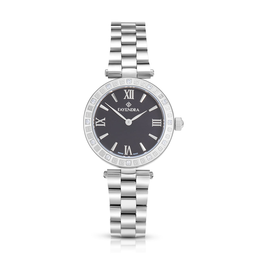 Stainless Steel 316L Watch Silver Color And White Zircon - BLACK MOP DIAL