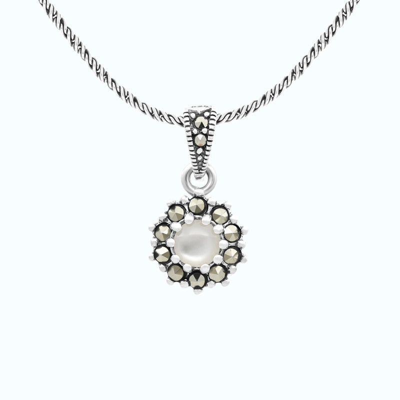 Sterling Silver 925 Pendant Embedded With Natural White Shell And Marcasite Stones