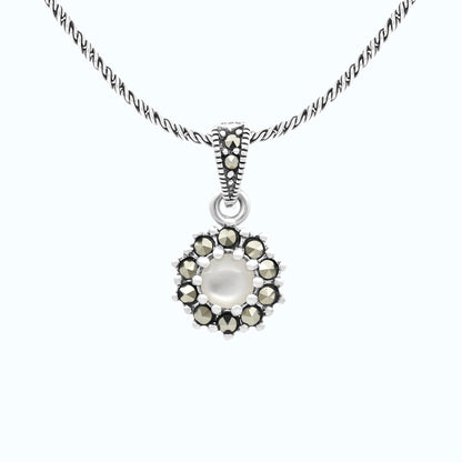 Sterling Silver 925 Pendant Embedded With Natural White Shell And Marcasite Stones
