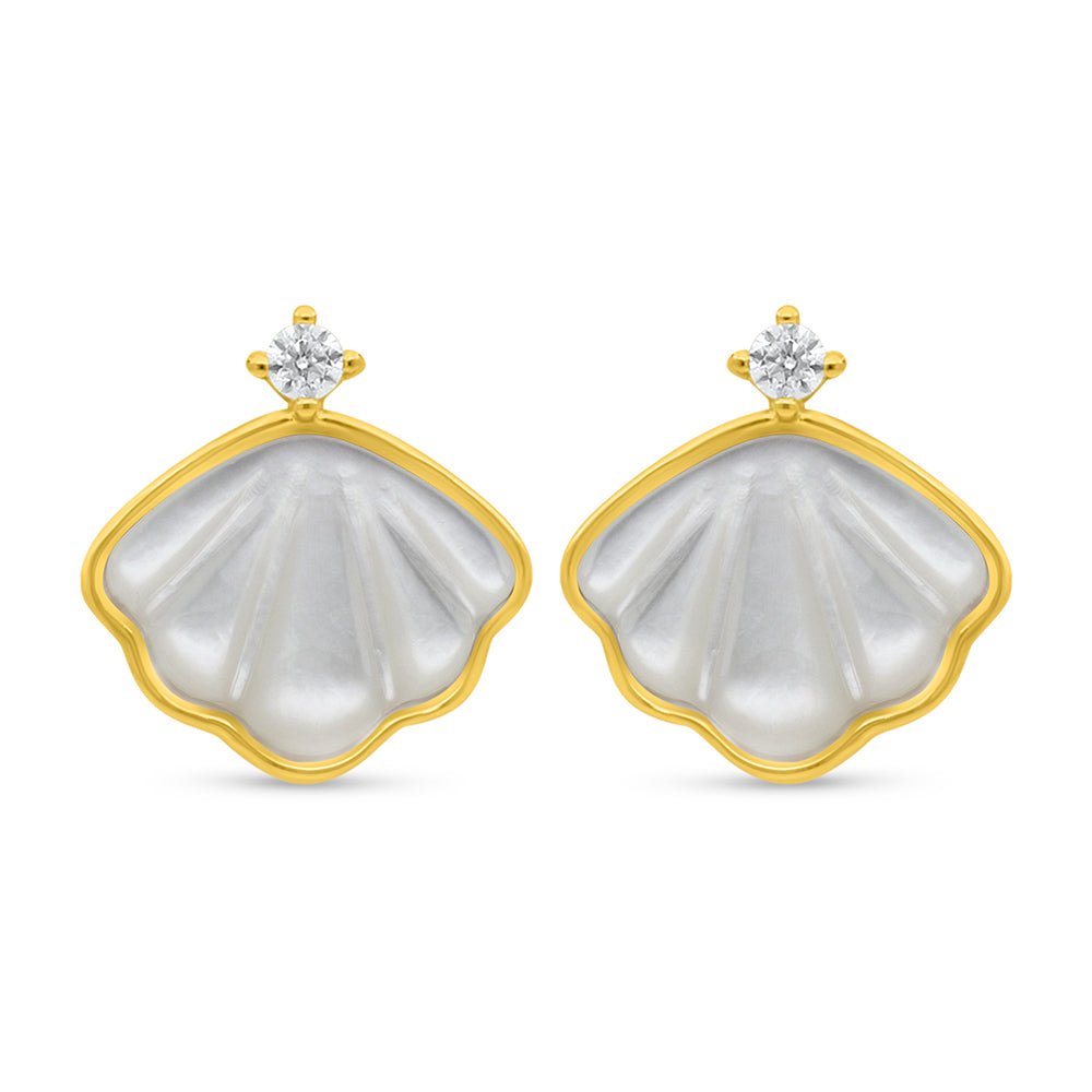 Sterling Silver 925 Earring Golden Plated Embedded With Pink Shell And White Zircon