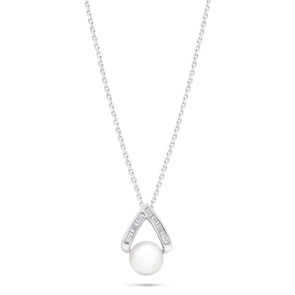 Sterling Silver 925 Necklace Rhodium Plated Embedded With Natural White Pearl And White Zircon