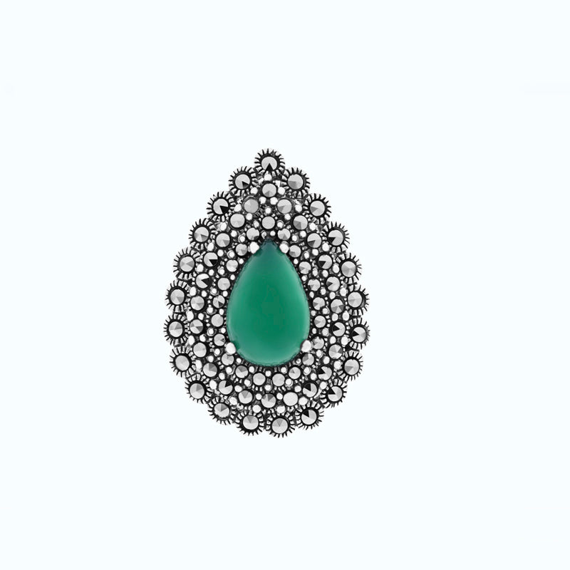 Sterling Silver 925 Ring Embedded With Natural Green Agate And Marcasite Stones