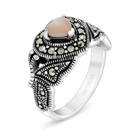 Sterling Silver 925 Ring Embedded With Natural Pink Shell And Marcasite Stones
