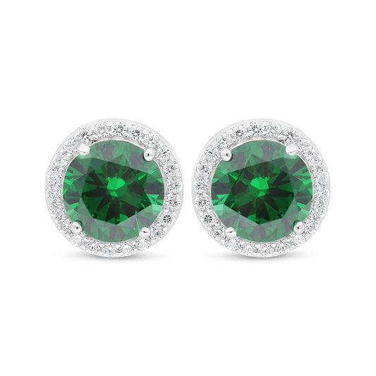 Sterling Silver 925 Earring Rhodium Plated Embedded With Emerald Zircon And White Zircon