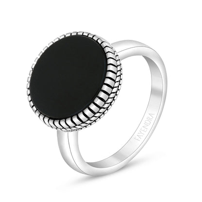 Sterling Silver 925 Ring Rhodium And Black Plated Embedded With Black Agate For Men